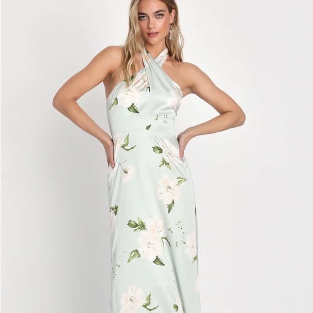 Charming Aspirations Light Green Floral Halter Maxi Dress